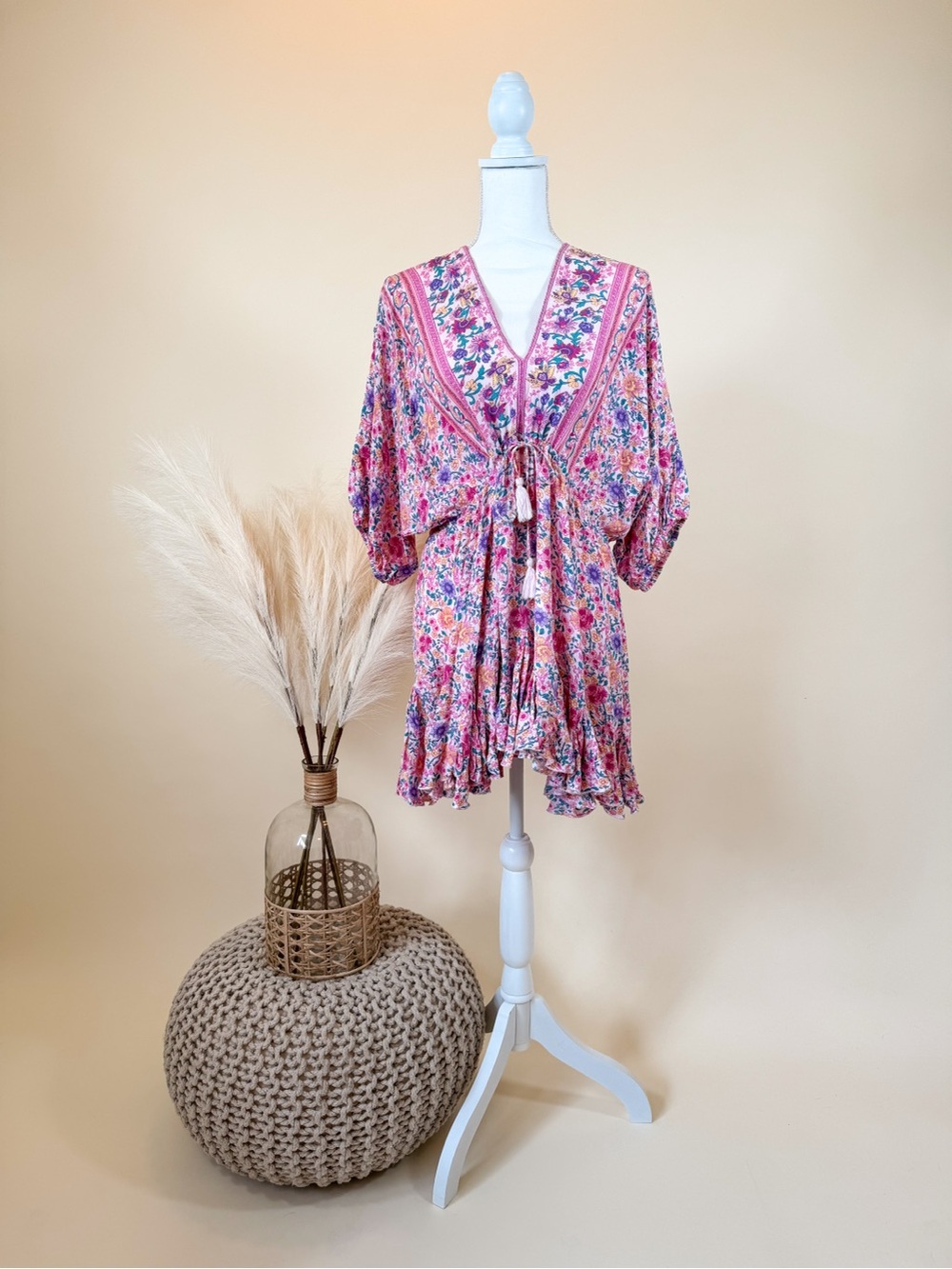 Boho Floral Tie-Front Mini Dress - Pink
